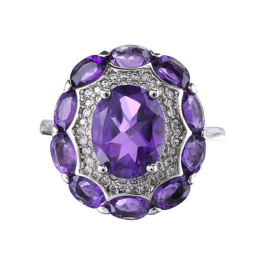 925 Sterling Silver Sparkling Rhodium Plated Classic Oval Cut Natural Amethyst Ring