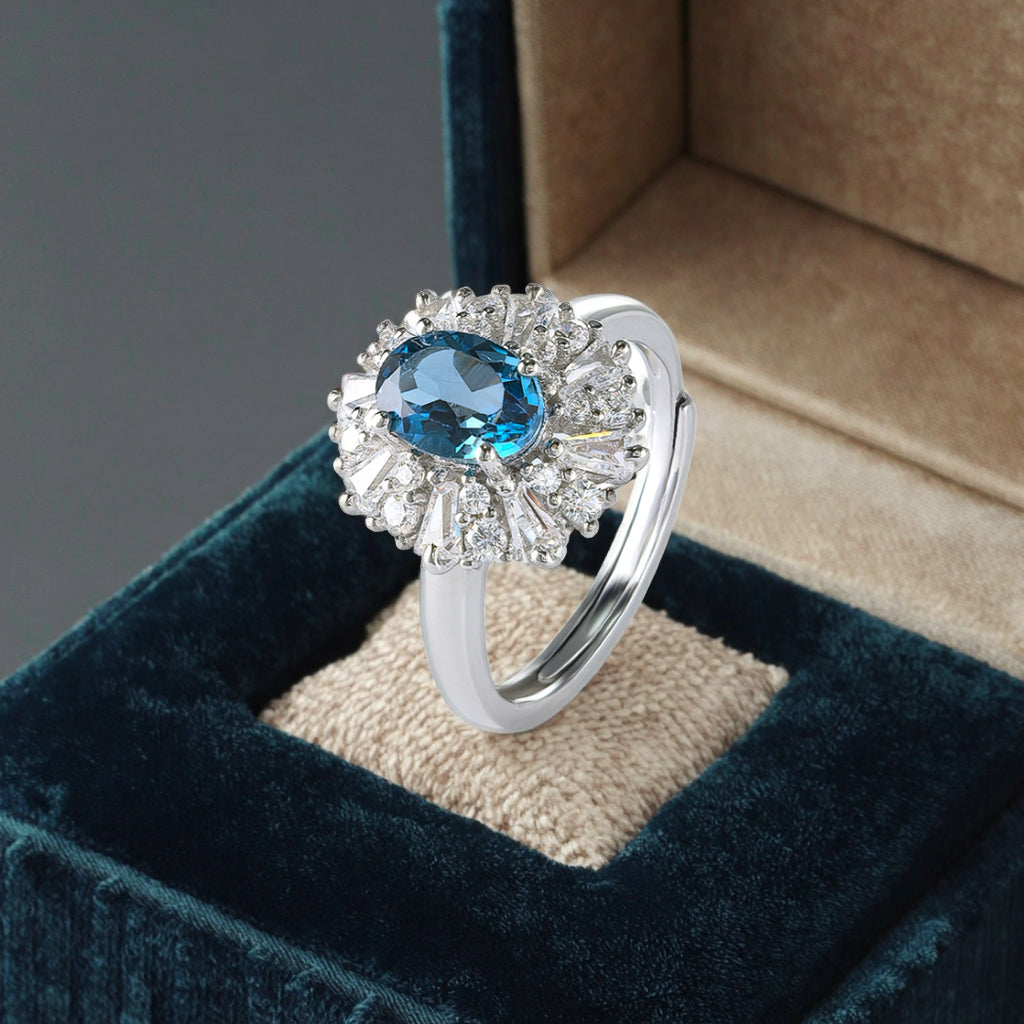 Rhodium Plated 925 Sterling Silver Band Natural London Blue Topaz Ring