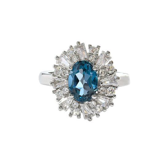 Wholesale Rhodium Plated 925 Sterling Silver Natural Topaz London Blue Gemstone Oval Cut Ring