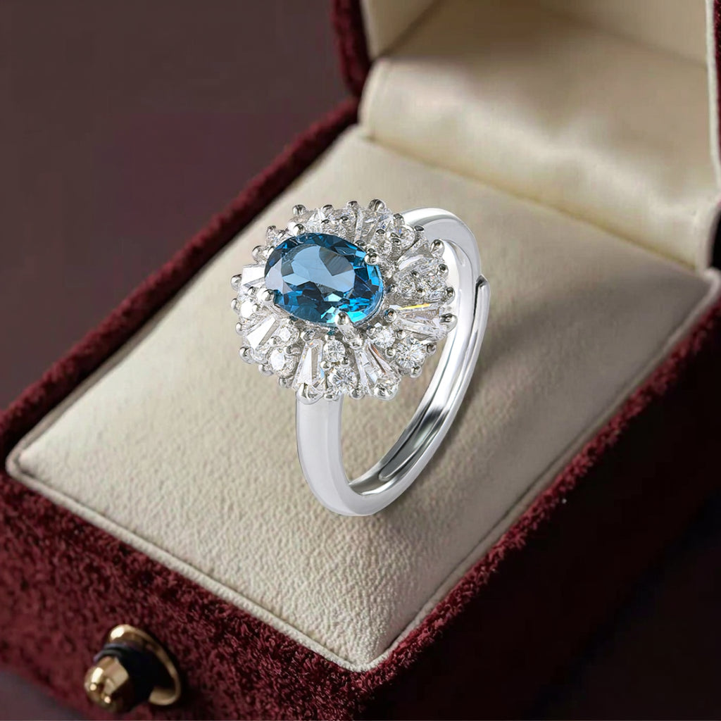 Rhodium Plated 925 Sterling Silver Band Natural London Blue Topaz Ring