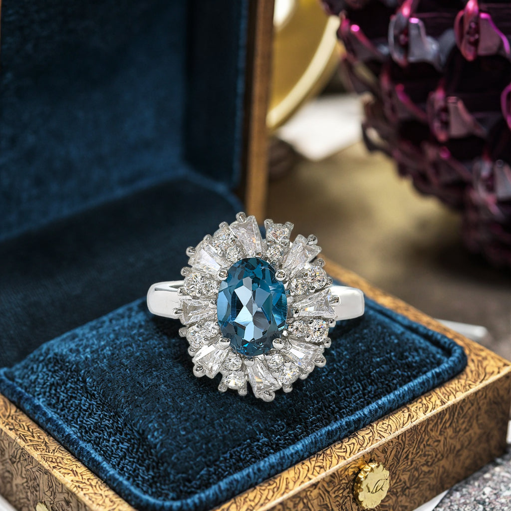 Rhodium Plated 925 Sterling Silver Band Natural London Blue Topaz Ring