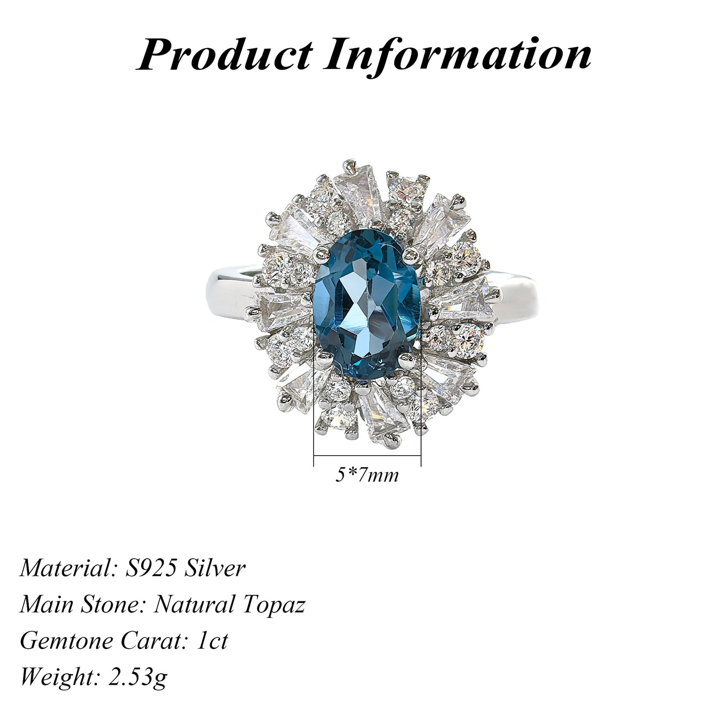 Rhodium Plated 925 Sterling Silver Band Natural London Blue Topaz Ring