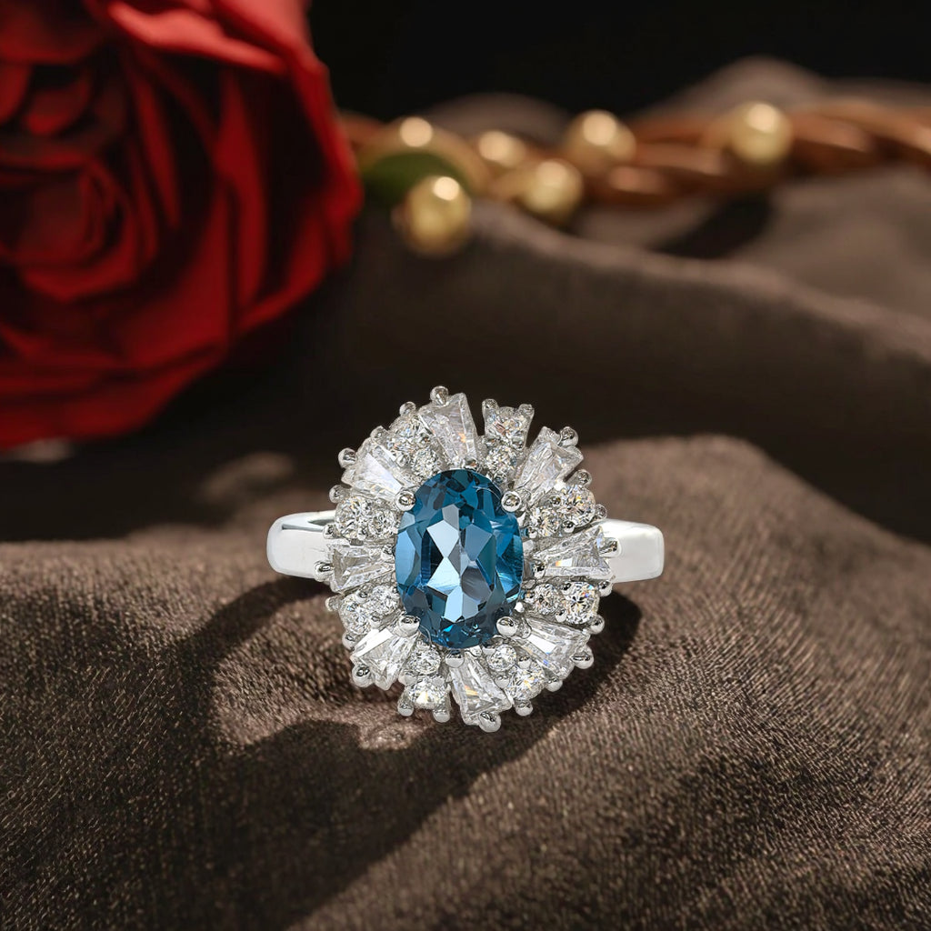 Rhodium Plated 925 Sterling Silver Band Natural London Blue Topaz Ring