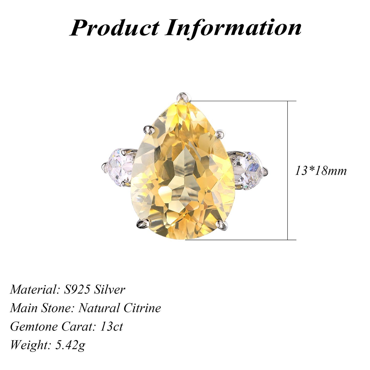 Noble Rhodium Plated 925 Sterling Silver Natural Citrine Ring