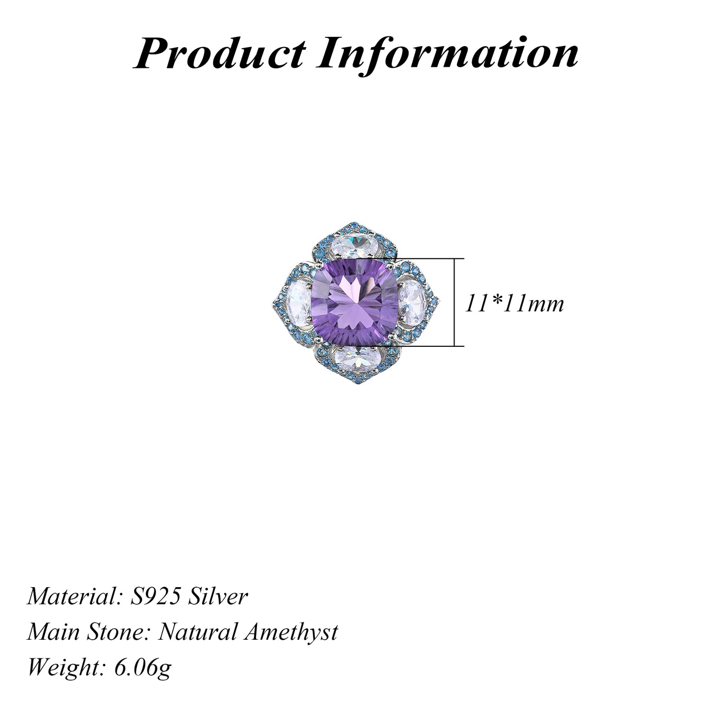 Elegant Rhodium & Silver 925 Jewelry Natural Amethyst Flower Ring