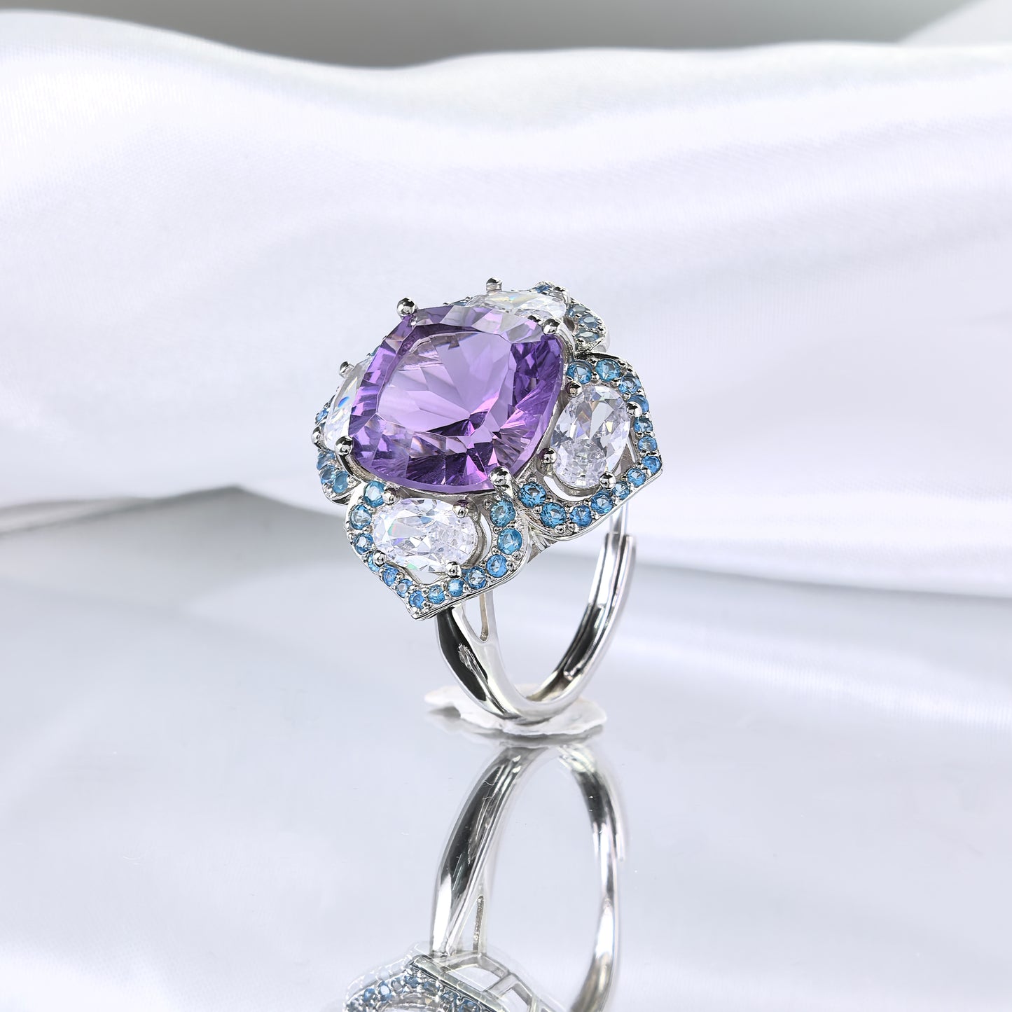 Elegant Rhodium & Silver 925 Jewelry Natural Amethyst Flower Ring