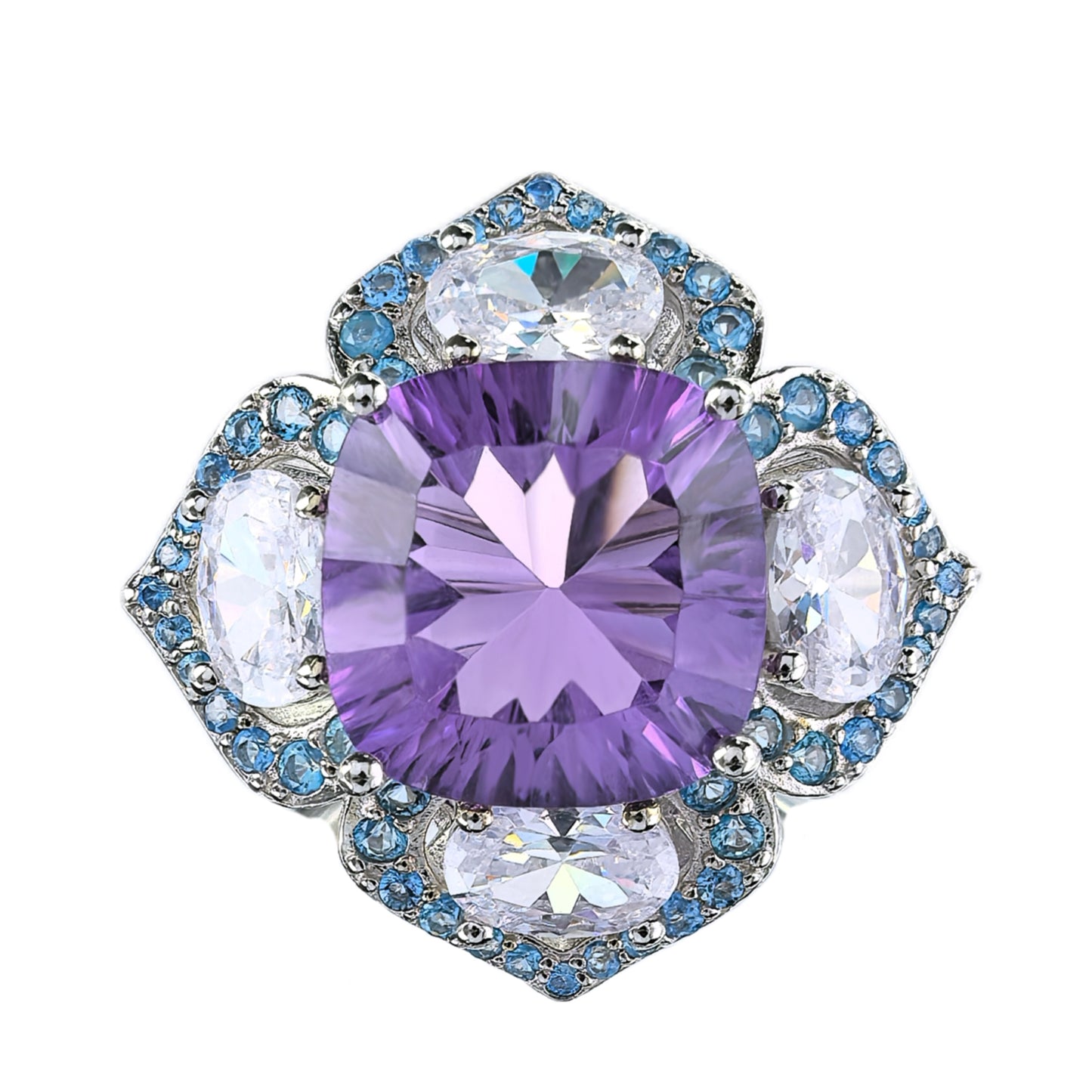 Elegant Rhodium & Silver 925 Jewelry Natural Amethyst Flower Ring