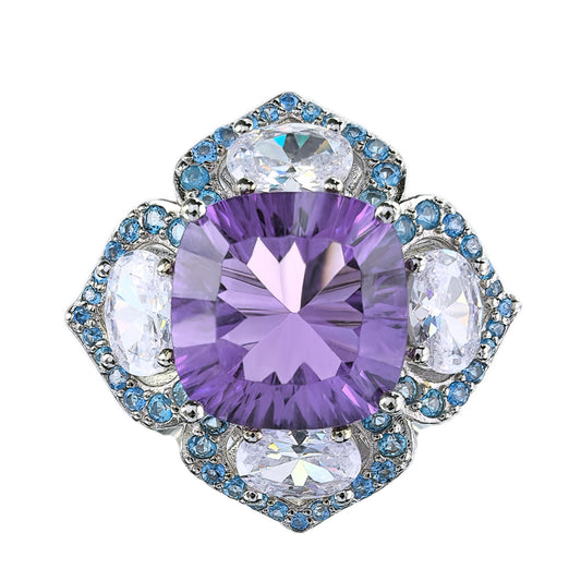 Elegant Rhodium & Silver 925 Jewelry Natural Amethyst Flower Ring