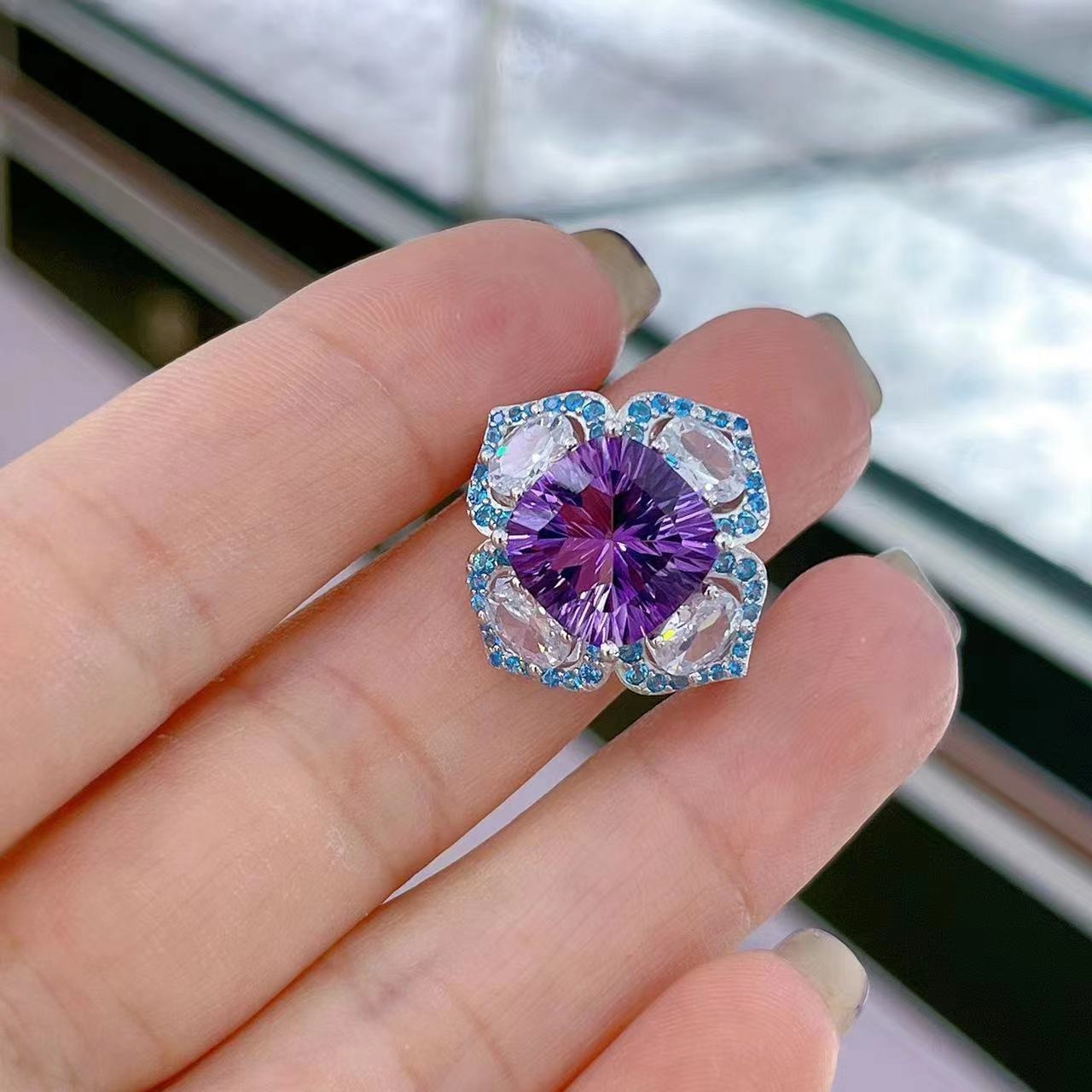 Elegant Rhodium & Silver 925 Jewelry Natural Amethyst Flower Ring