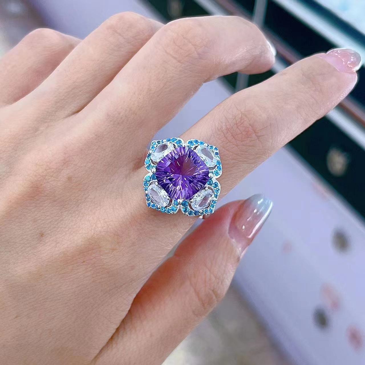 Elegant Rhodium & Silver 925 Jewelry Natural Amethyst Flower Ring