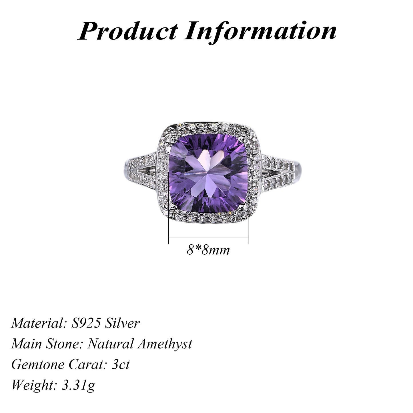 Classic Rhodium Plated 925 Sterling Silver Natural Amethyst Ring
