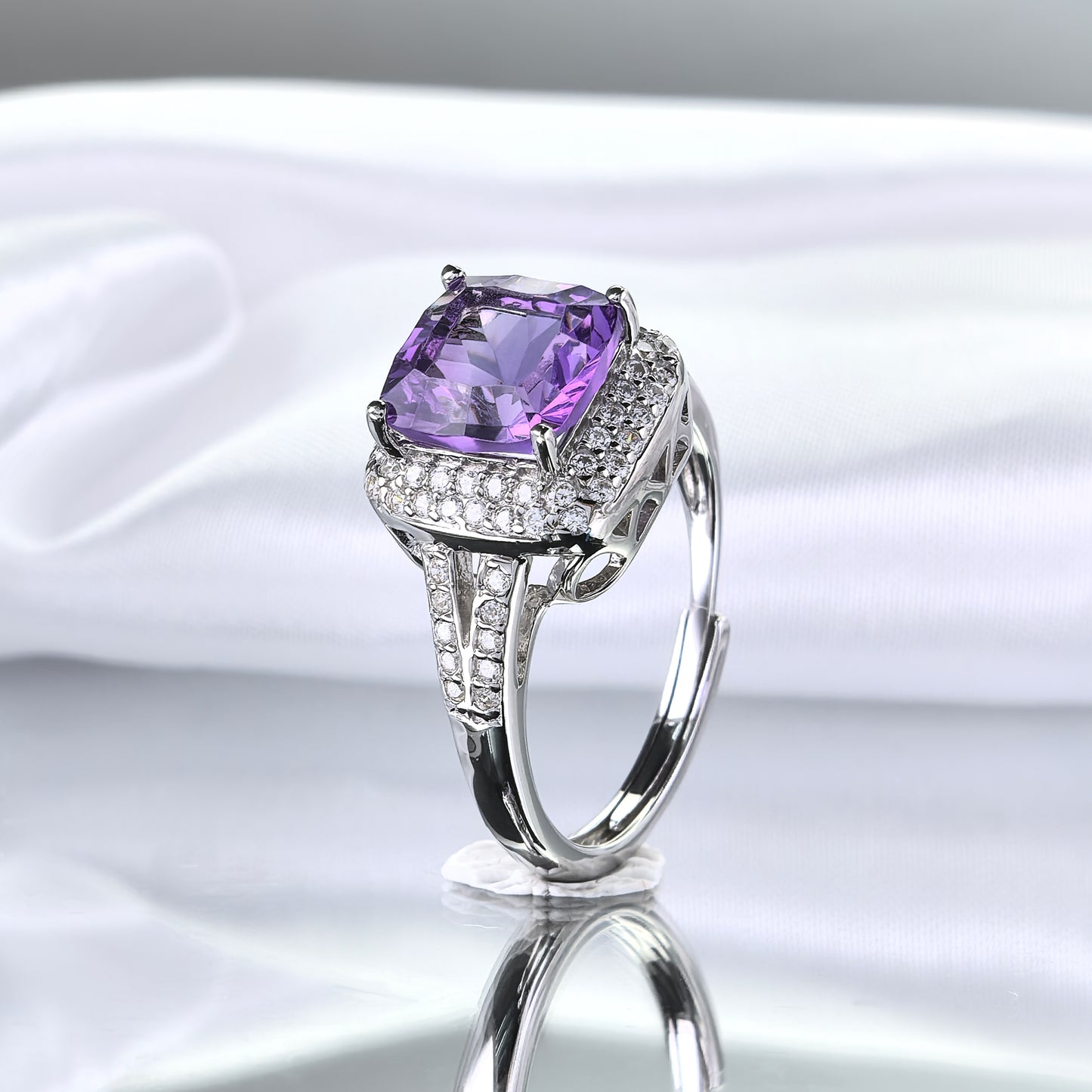 Classic Rhodium Plated 925 Sterling Silver Natural Amethyst Ring