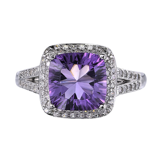 Classic Rhodium Plated 925 Sterling Silver Natural Amethyst Ring