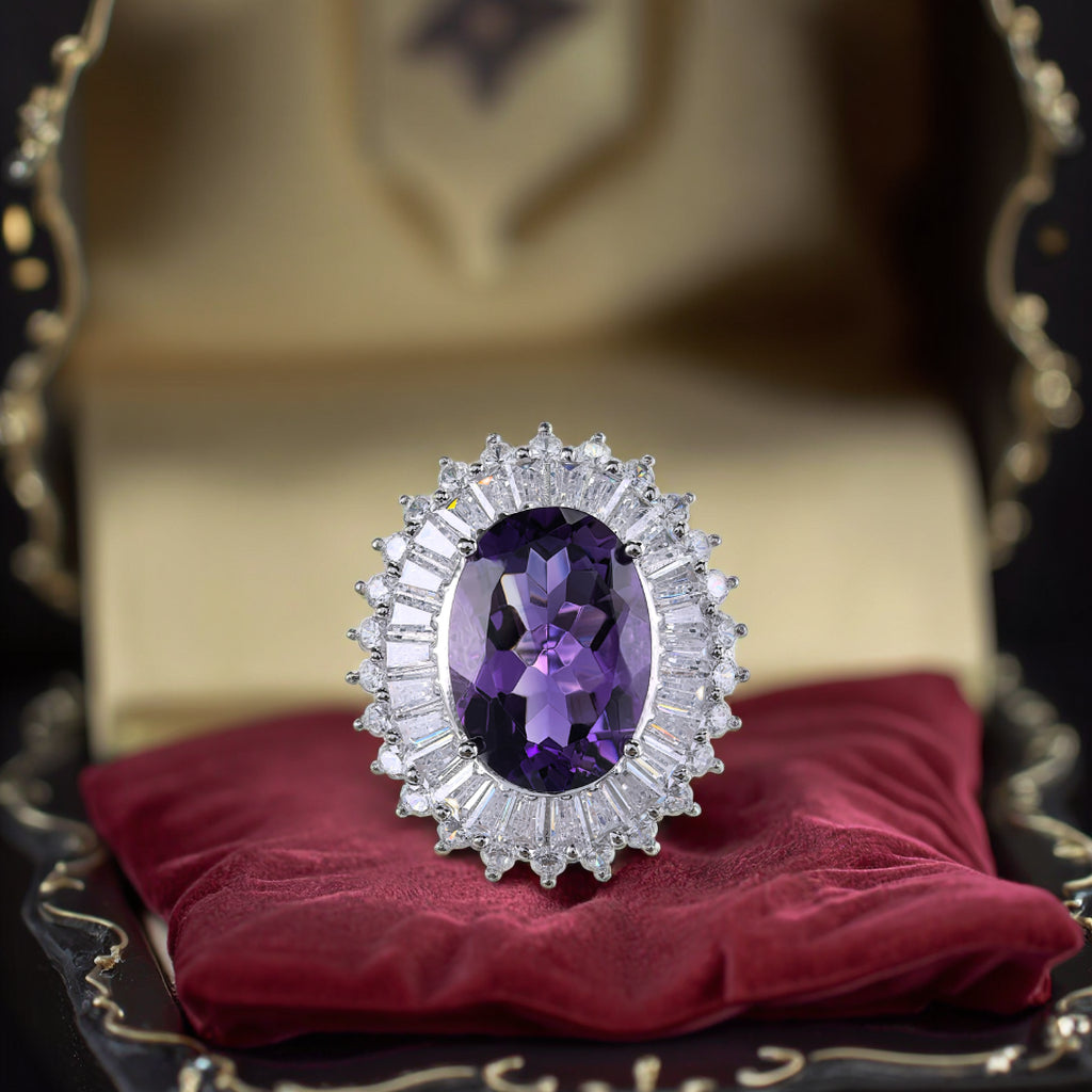 Elegant 925 Sterling Silver Ring Rhodium Plated Natural Amethyst Oval Cut Gemstone