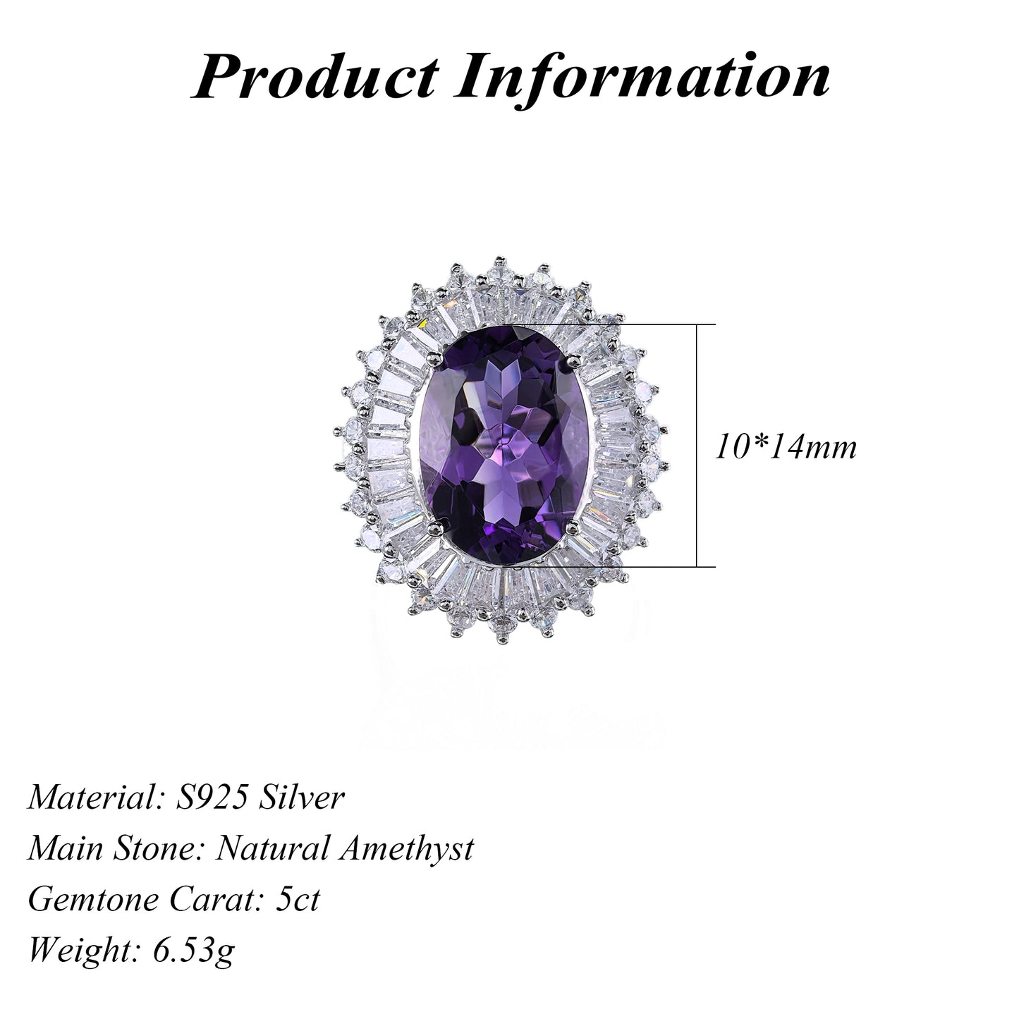 Elegant 925 Sterling Silver Ring Rhodium Plated Natural Amethyst Oval Cut Gemstone