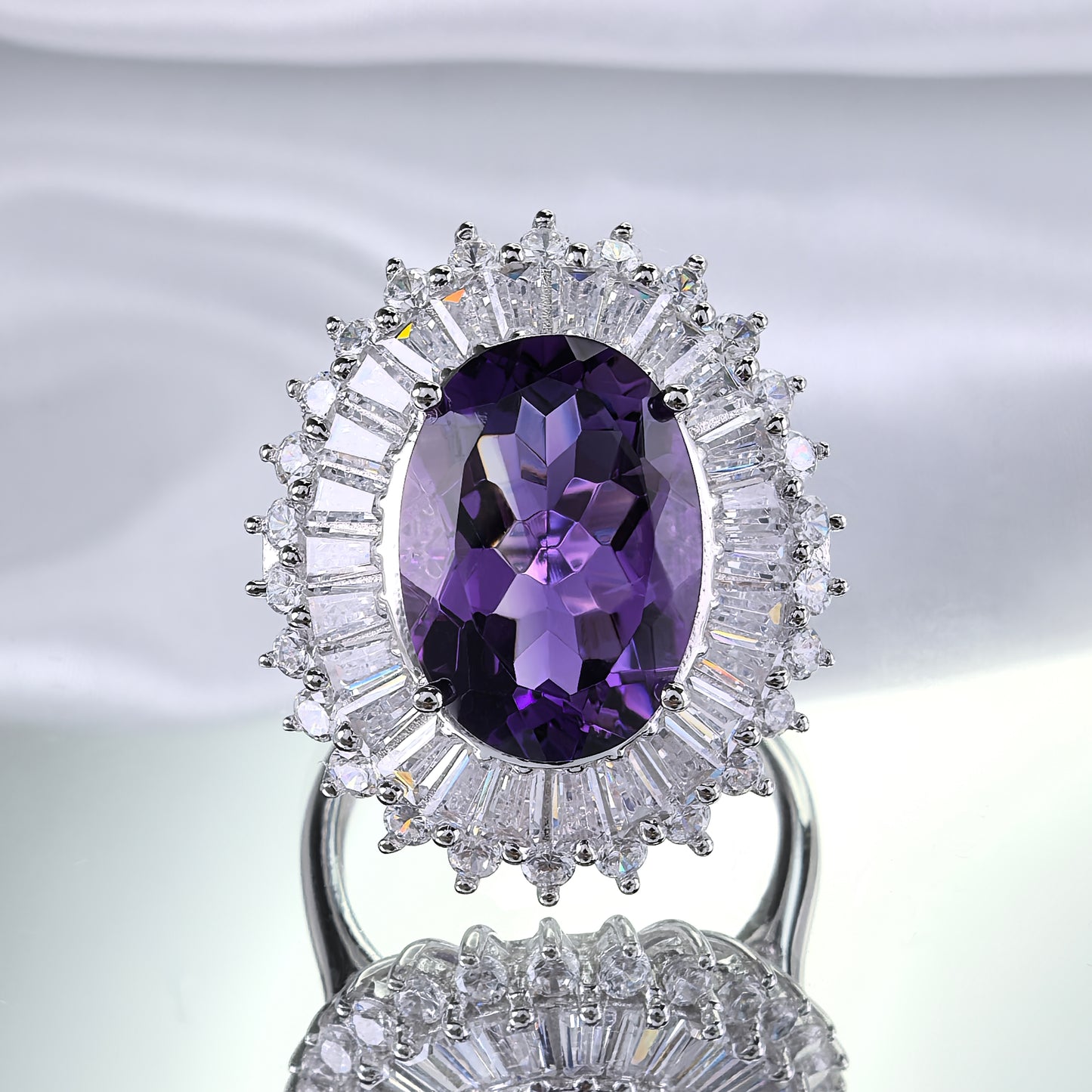 Elegant 925 Sterling Silver Ring Rhodium Plated Natural Amethyst Oval Cut Gemstone
