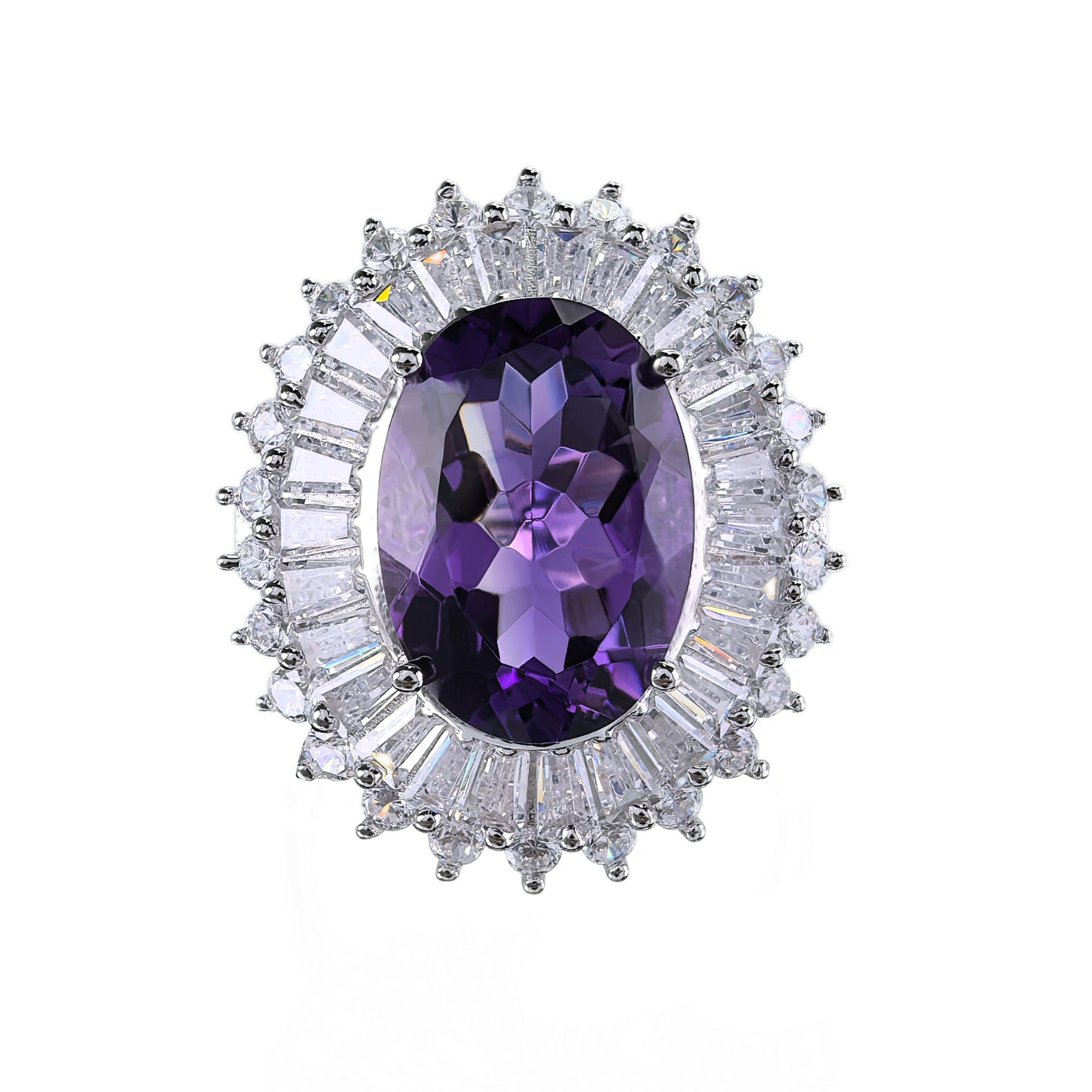 Elegant 925 Sterling Silver Ring Rhodium Plated Natural Amethyst Oval Cut Gemstone