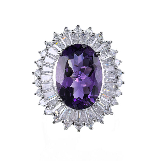 Elegant 925 Sterling Silver Ring Rhodium Plated Natural Amethyst Oval Cut Gemstone