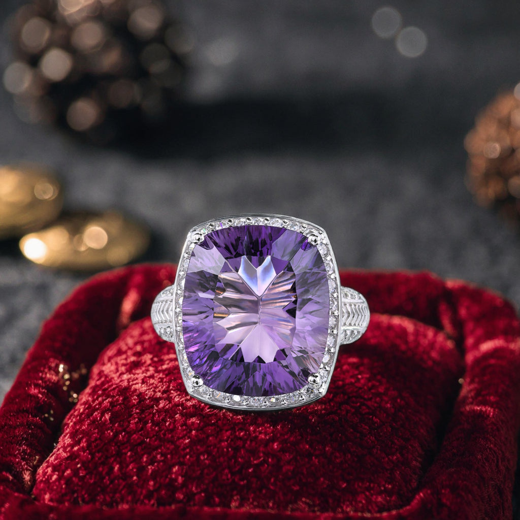 Dazzling Rhodium Plated 925 Sterling Silver Natural Amethyst Ring