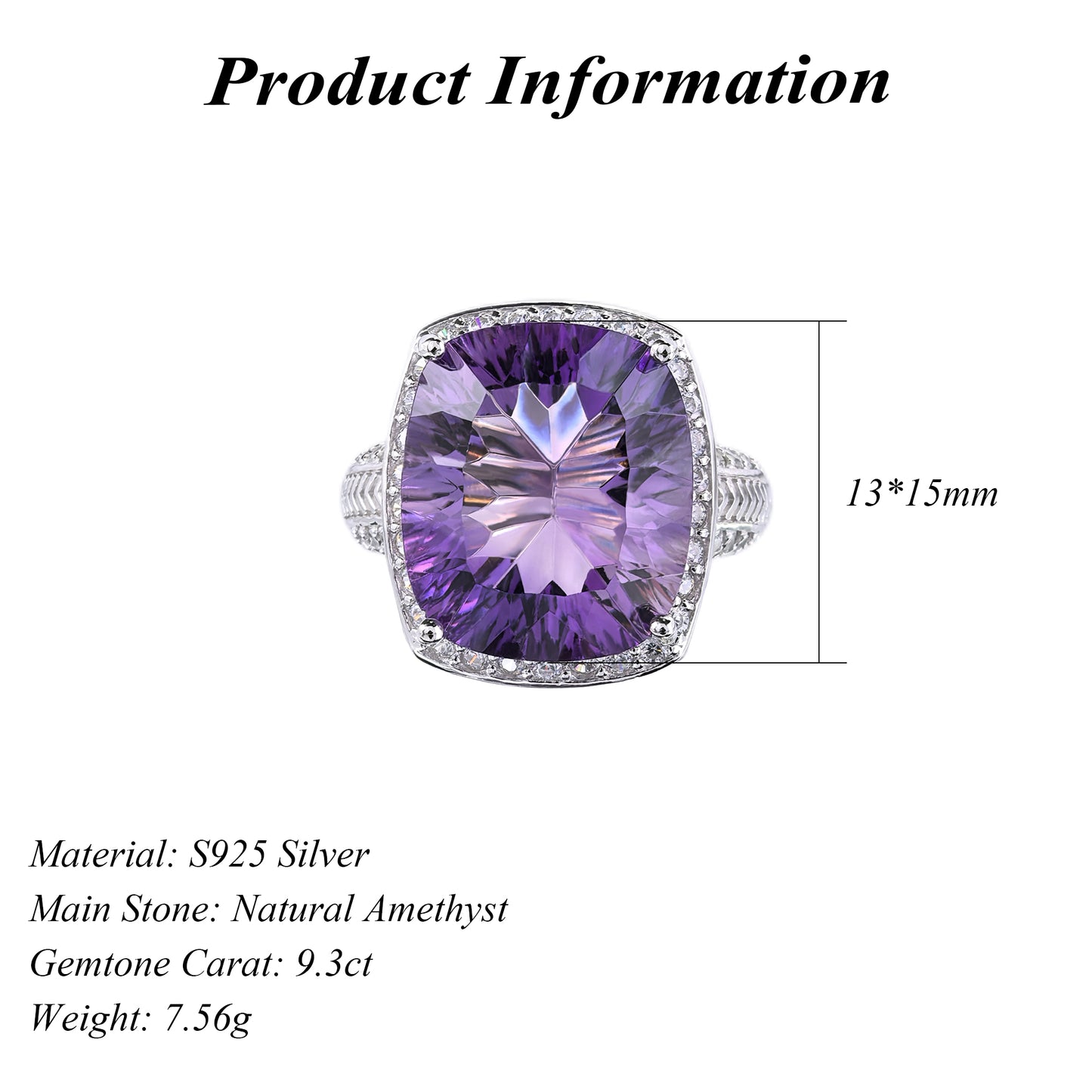 Dazzling Rhodium Plated 925 Sterling Silver Natural Amethyst Ring