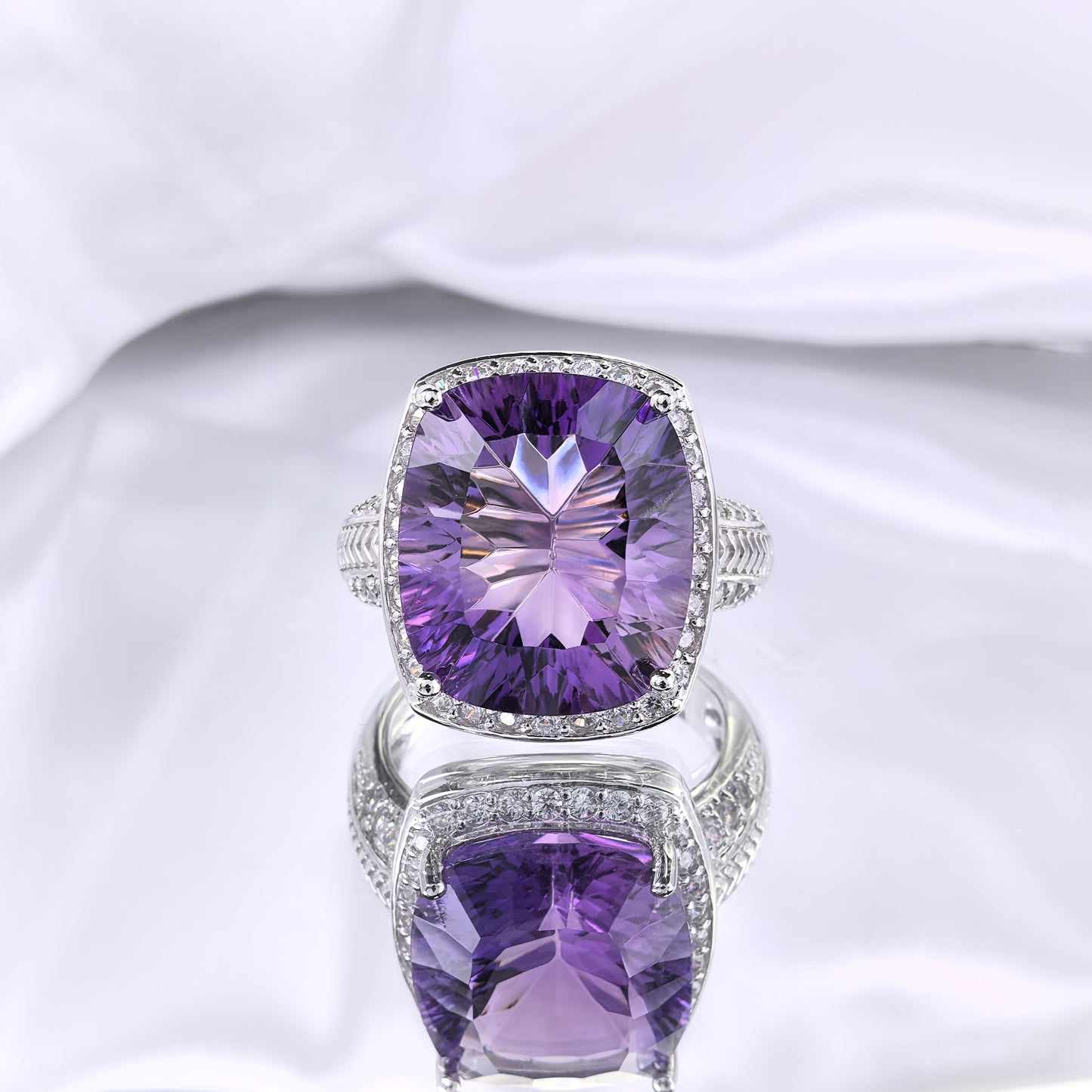 Dazzling Rhodium Plated 925 Sterling Silver Natural Amethyst Ring