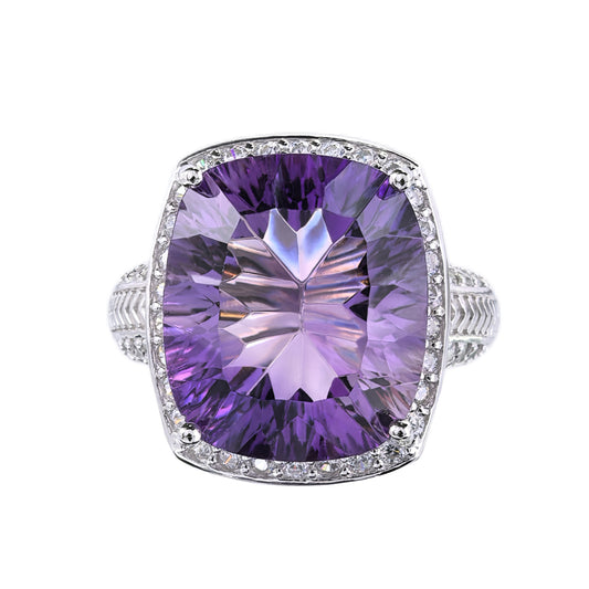 Dazzling Rhodium Plated 925 Sterling Silver Natural Amethyst Ring