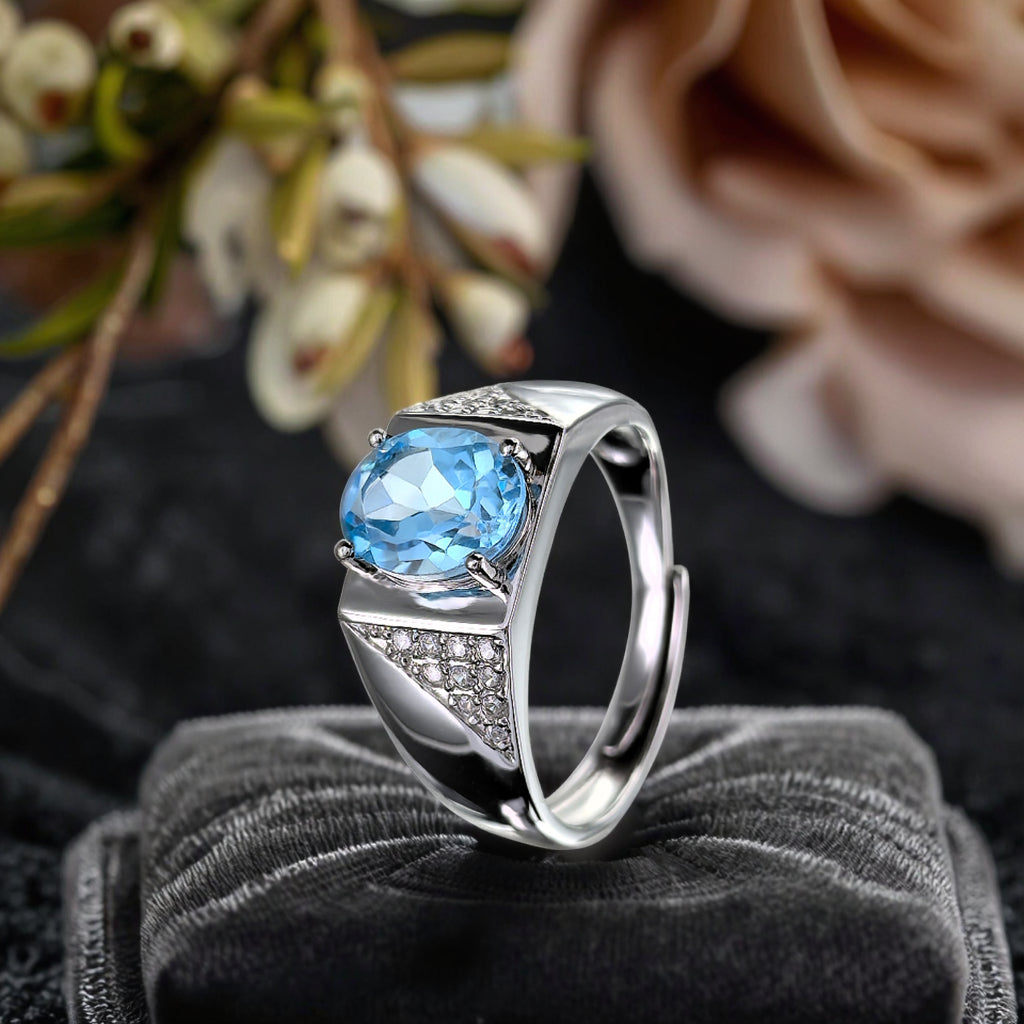 Unique Rhodium Plated 925 Silver Ring Natural Swiss Blue Topaz Oval Cut Gemstone
