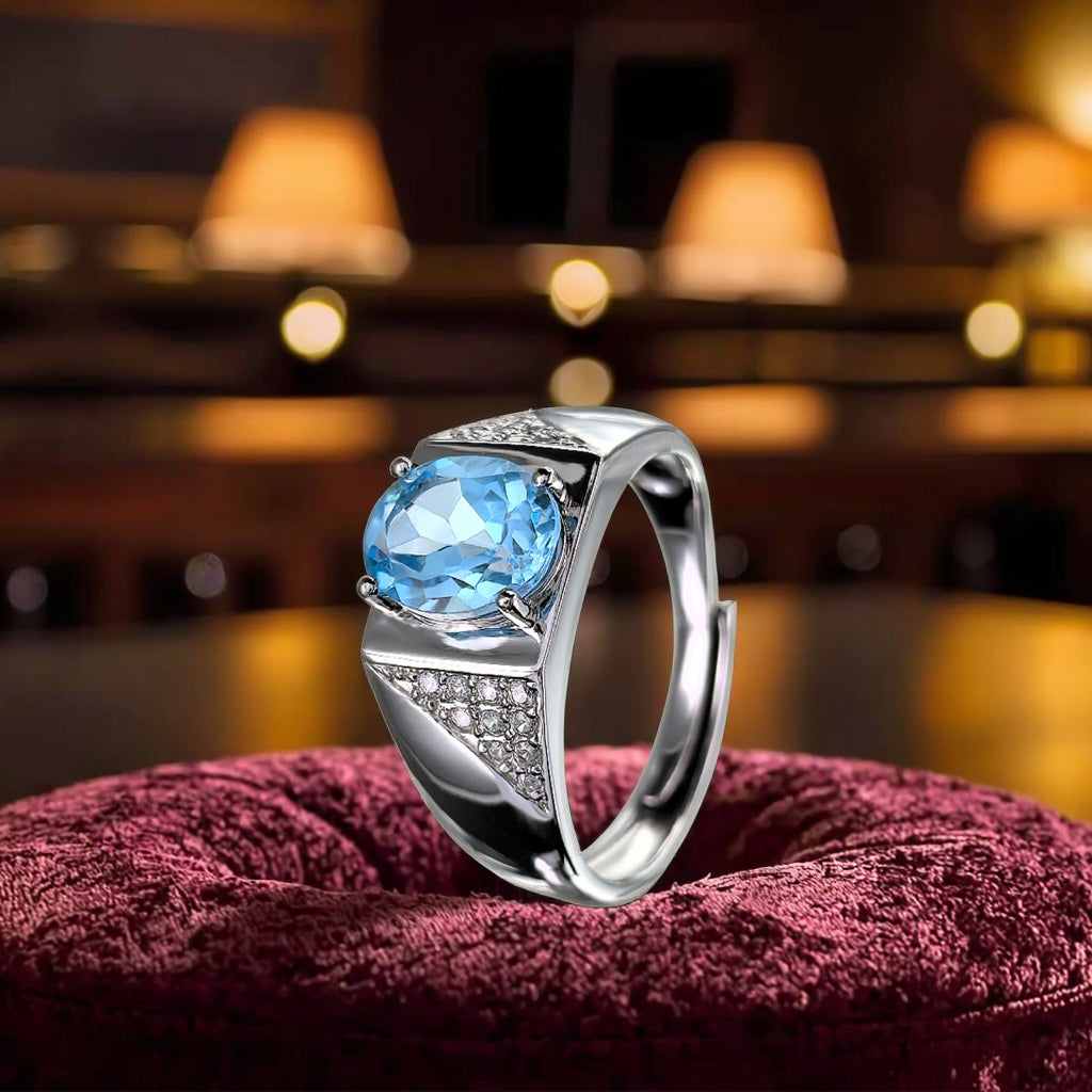 Unique Rhodium Plated 925 Silver Ring Natural Swiss Blue Topaz Oval Cut Gemstone