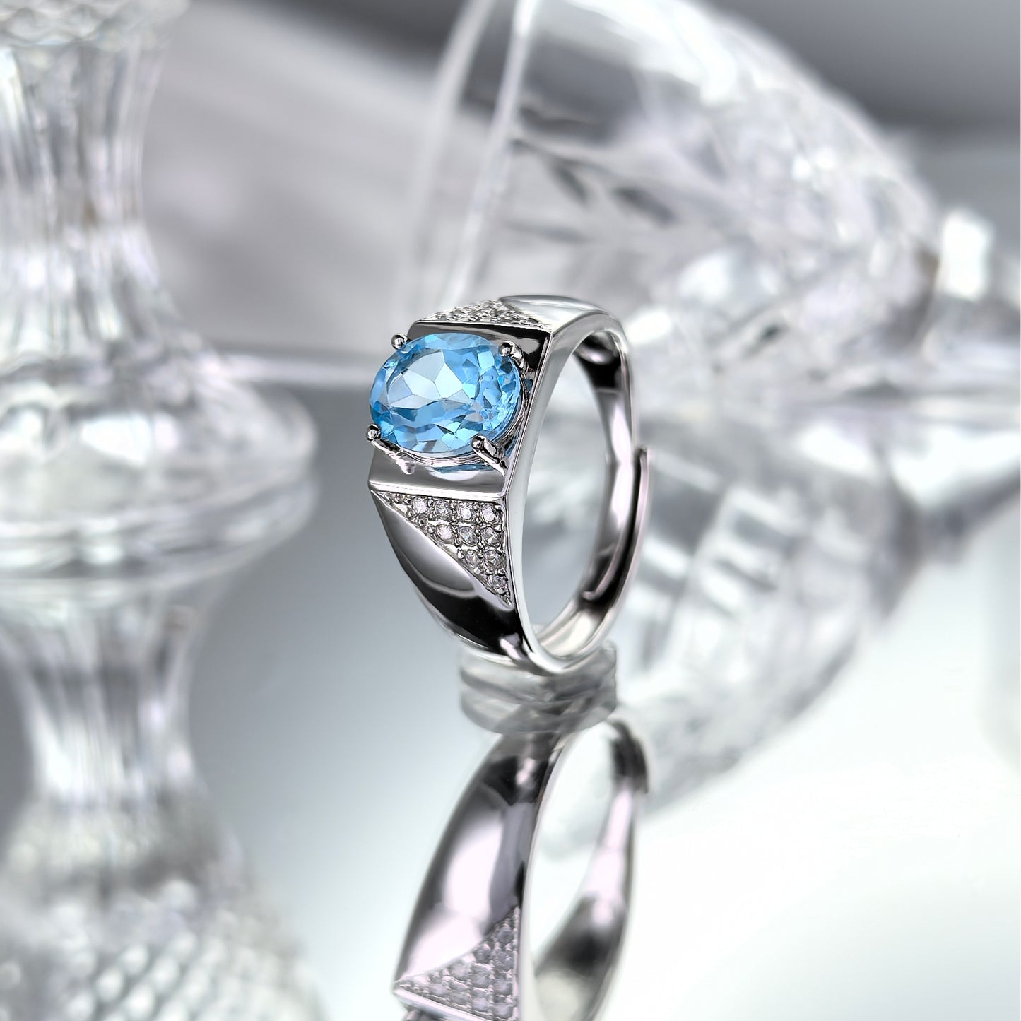 Unique Rhodium Plated 925 Silver Ring Natural Swiss Blue Topaz Oval Cut Gemstone