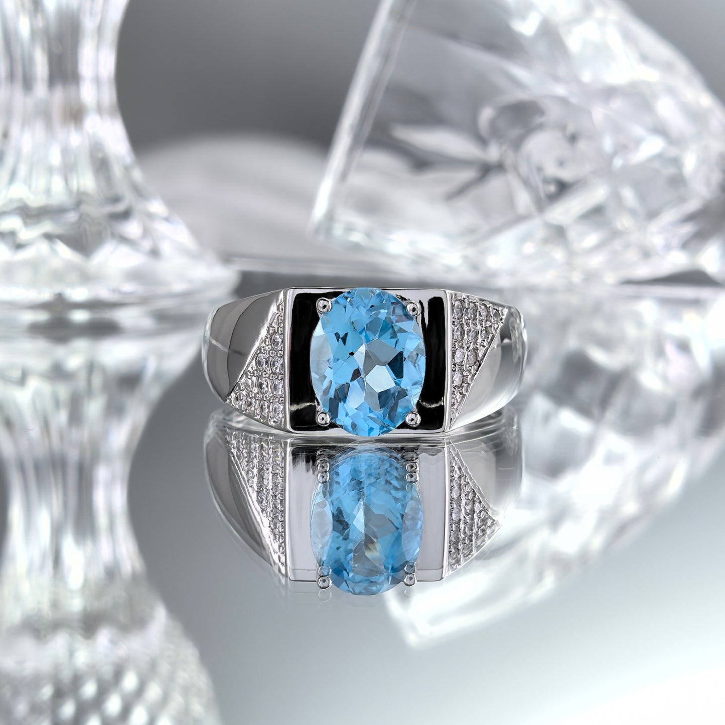 Unique Rhodium Plated 925 Silver Ring Natural Swiss Blue Topaz Oval Cut Gemstone