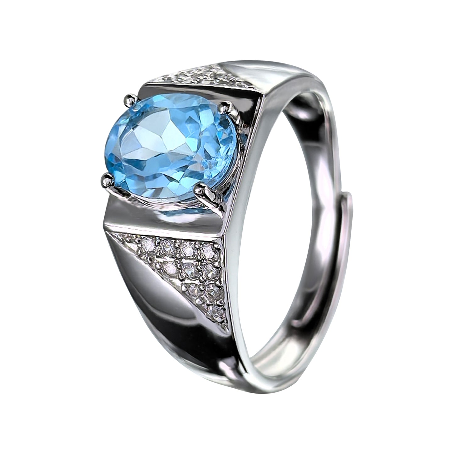 Unique Rhodium Plated 925 Silver Ring Natural Swiss Blue Topaz Oval Cut Gemstone