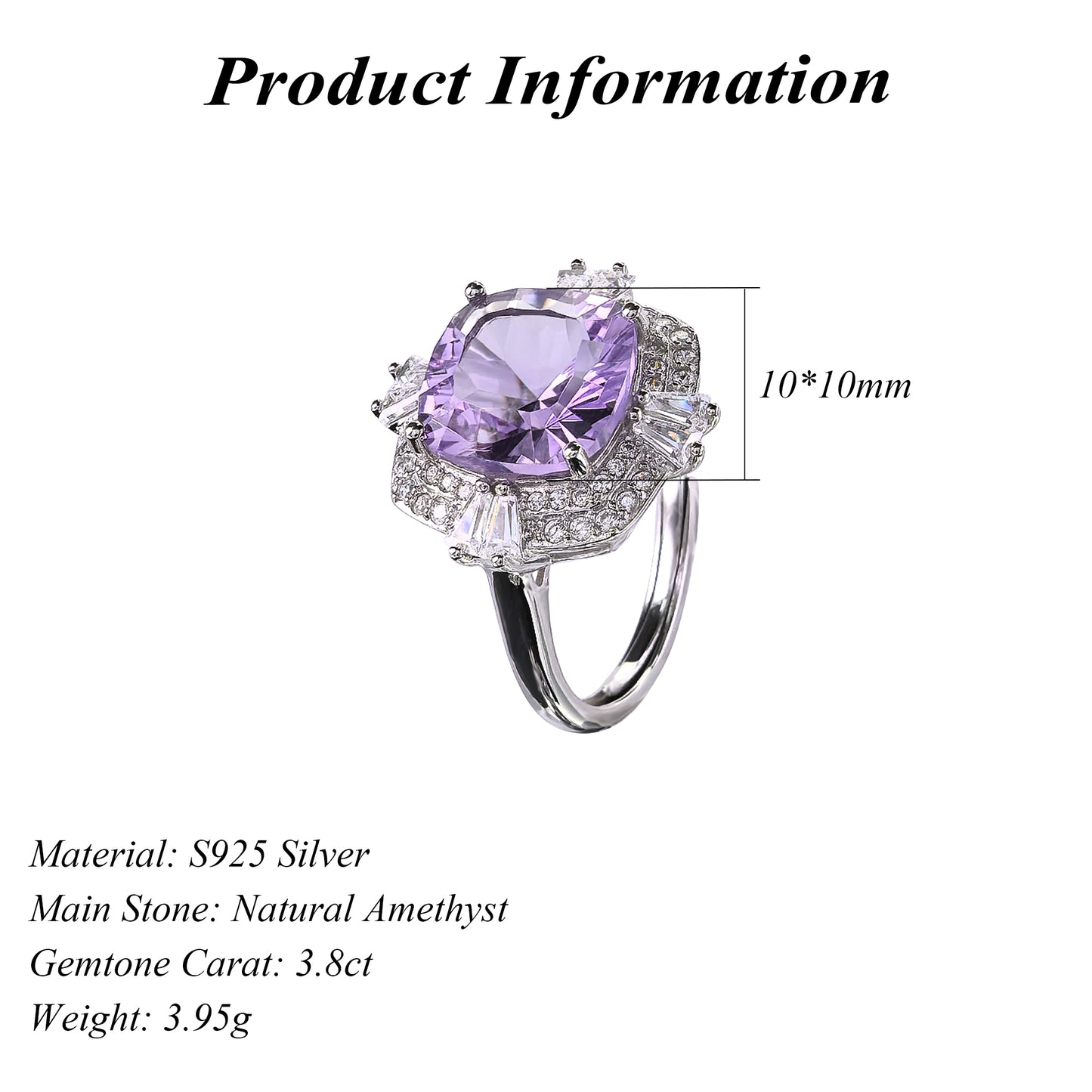 Shimmering Rhodium Plated Silver 925 Gemstone Ring Natural Amethyst