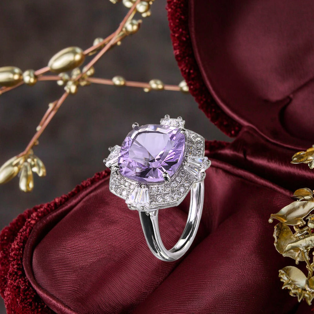 Shimmering Rhodium Plated Silver 925 Gemstone Ring Natural Amethyst