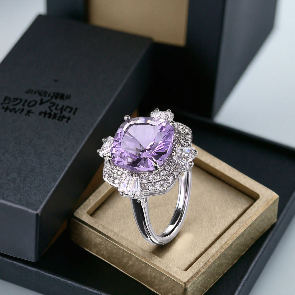 Shimmering Rhodium Plated Silver 925 Gemstone Ring Natural Amethyst