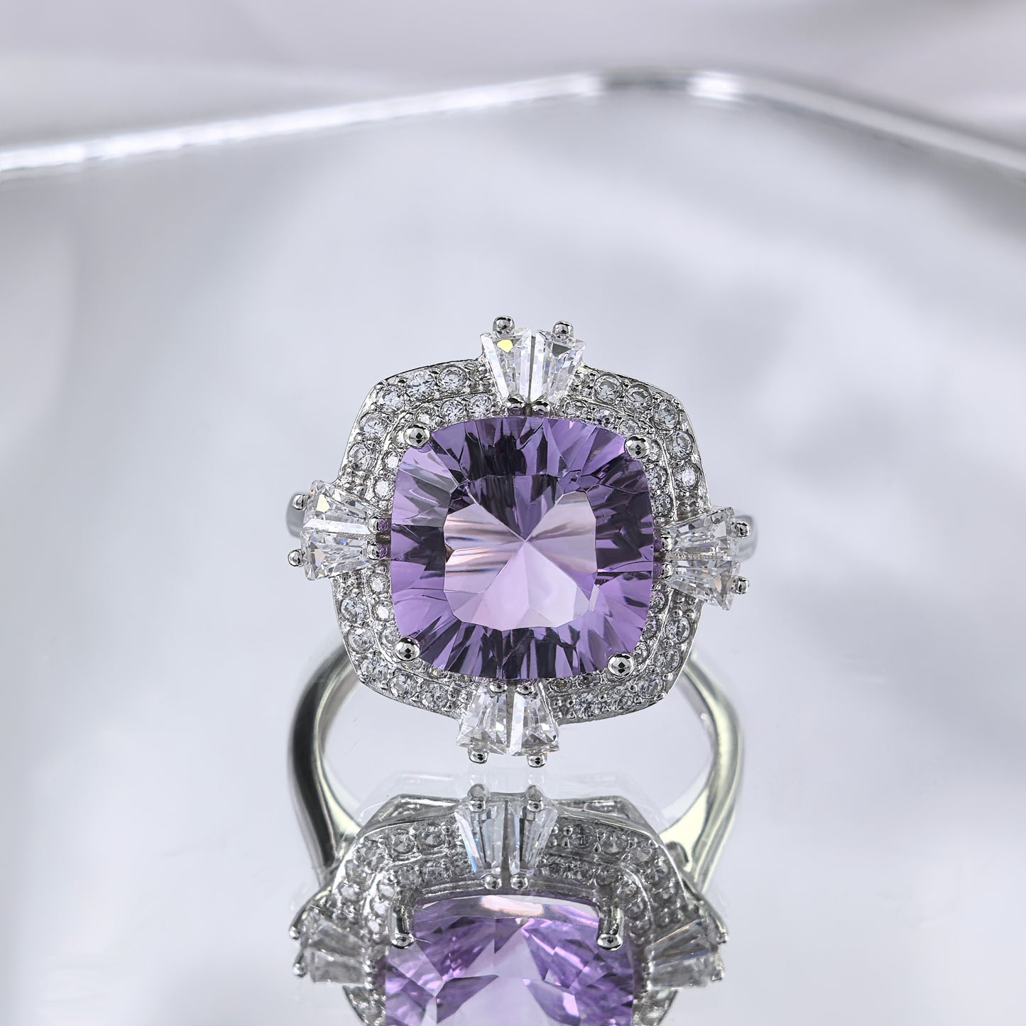 Shimmering Rhodium Plated Silver 925 Gemstone Ring Natural Amethyst
