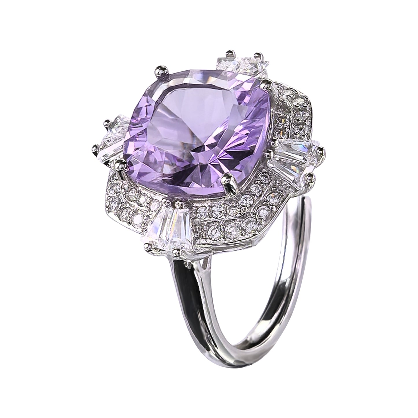 Shimmering Rhodium Plated Silver 925 Gemstone Ring Natural Amethyst