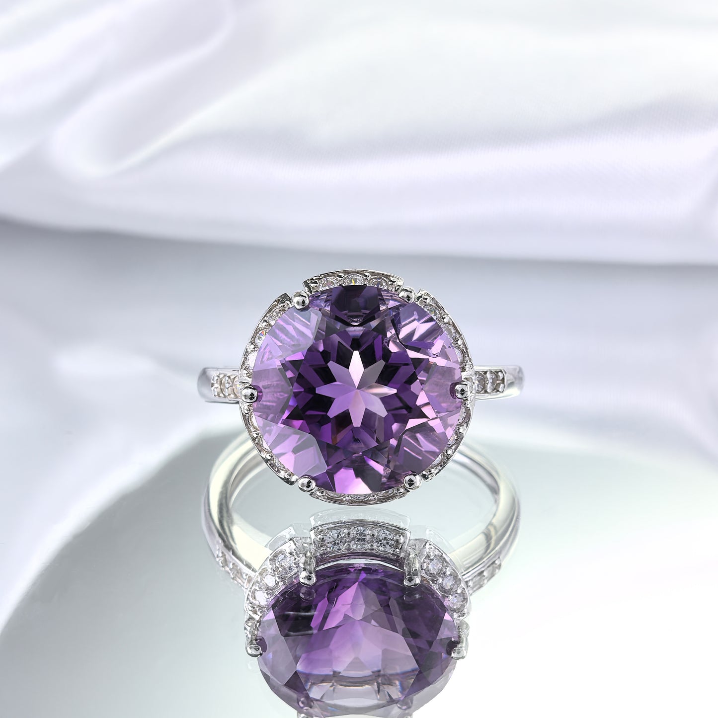Dazzling Rhodium Plated 925 Sterling Silver Natural Amethyst/Sky Blue Topaz Ring