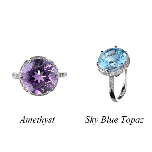 Dazzling Rhodium Plated 925 Sterling Silver Natural Amethyst/Sky Blue Topaz Ring