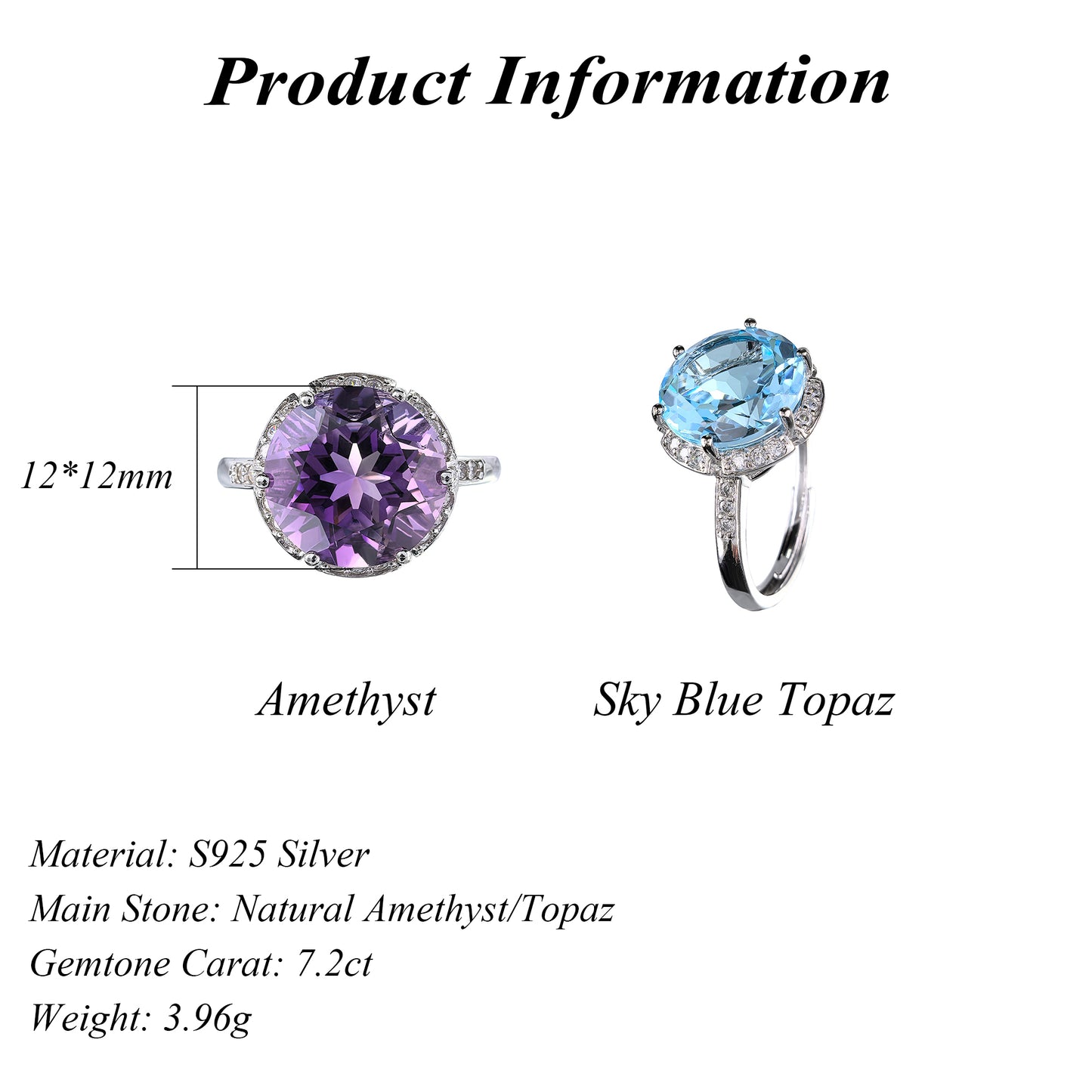 Dazzling Rhodium Plated 925 Sterling Silver Natural Amethyst/Sky Blue Topaz Ring