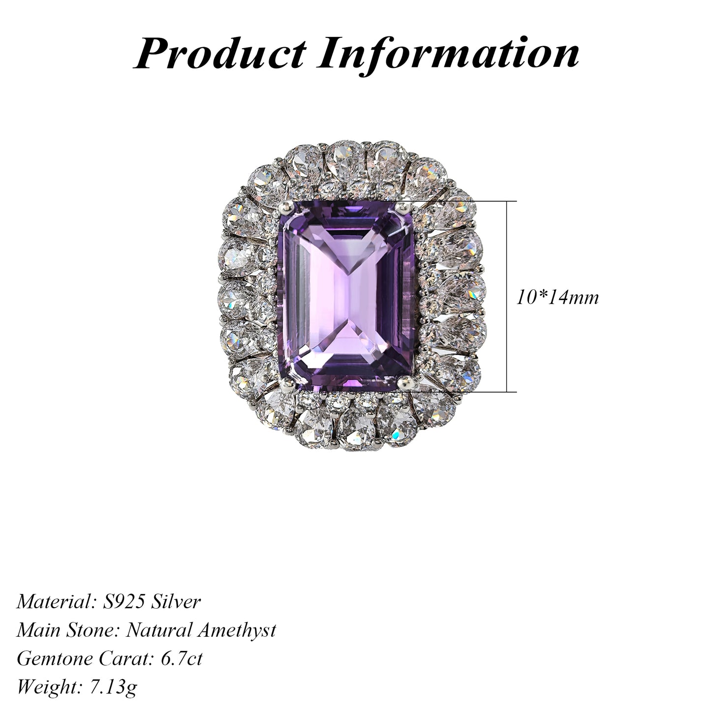 Elegant Rhodium Plated 925 Silver Jewelry Natural Amethyst Ring