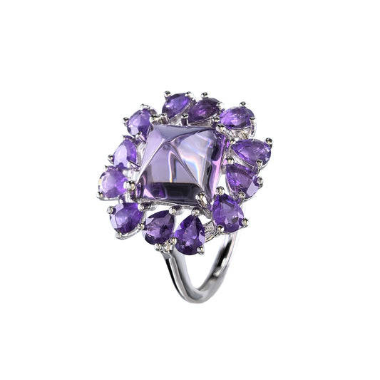 Exquisite Rhodium Plated 925 Sterling Silver Natural Amethyst Ring