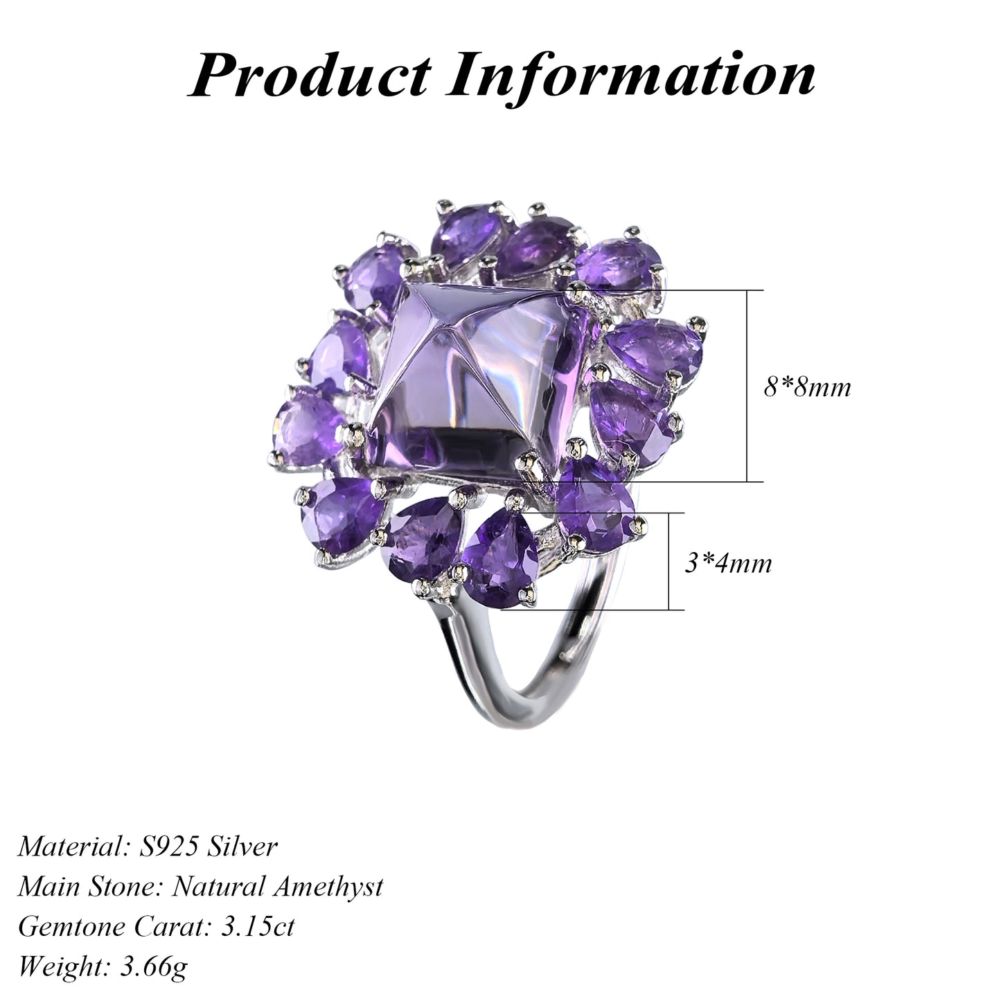 Exquisite Rhodium Plated 925 Sterling Silver Natural Amethyst Ring