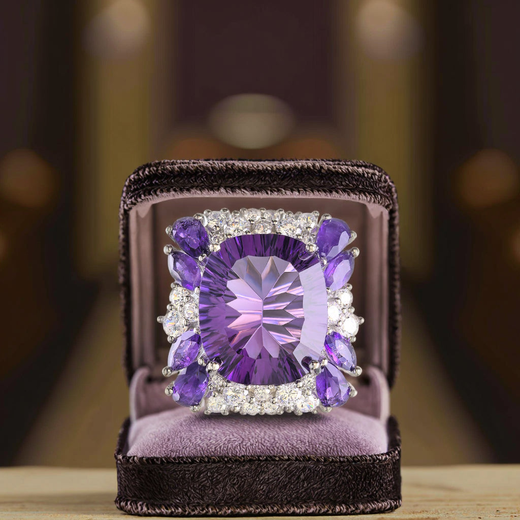 Exquisite Rhodium Plated 925 Sterling Silver Natural Amethyst Ring
