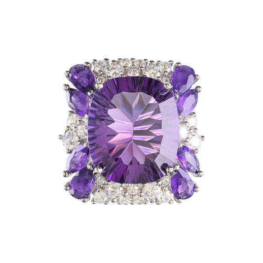 Exquisite Rhodium Plated 925 Sterling Silver Natural Amethyst Ring