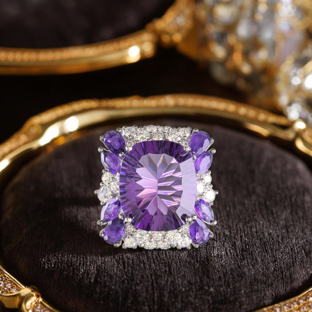 Exquisite Rhodium Plated 925 Sterling Silver Natural Amethyst Ring