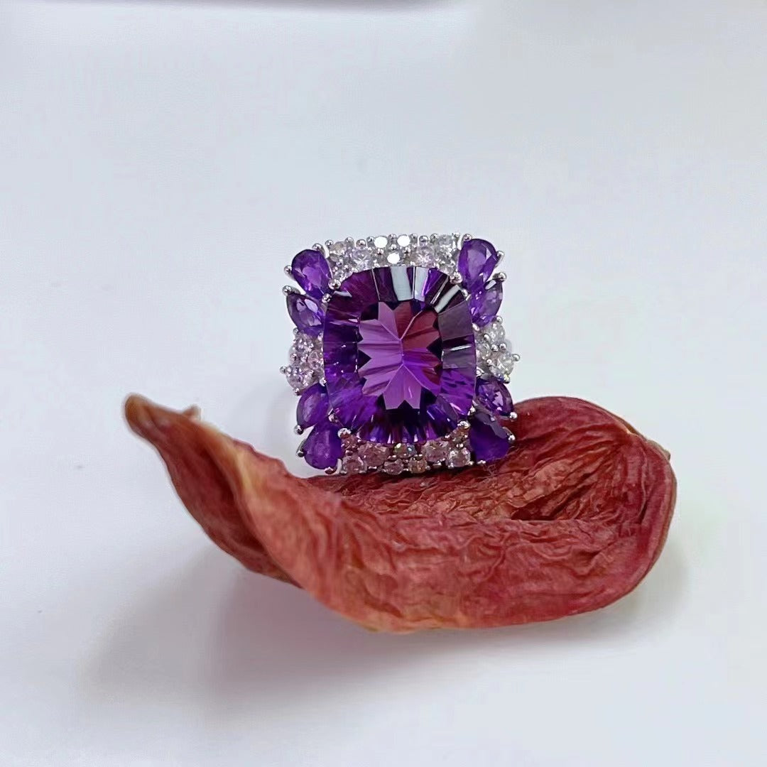 Exquisite Rhodium Plated 925 Sterling Silver Natural Amethyst Ring