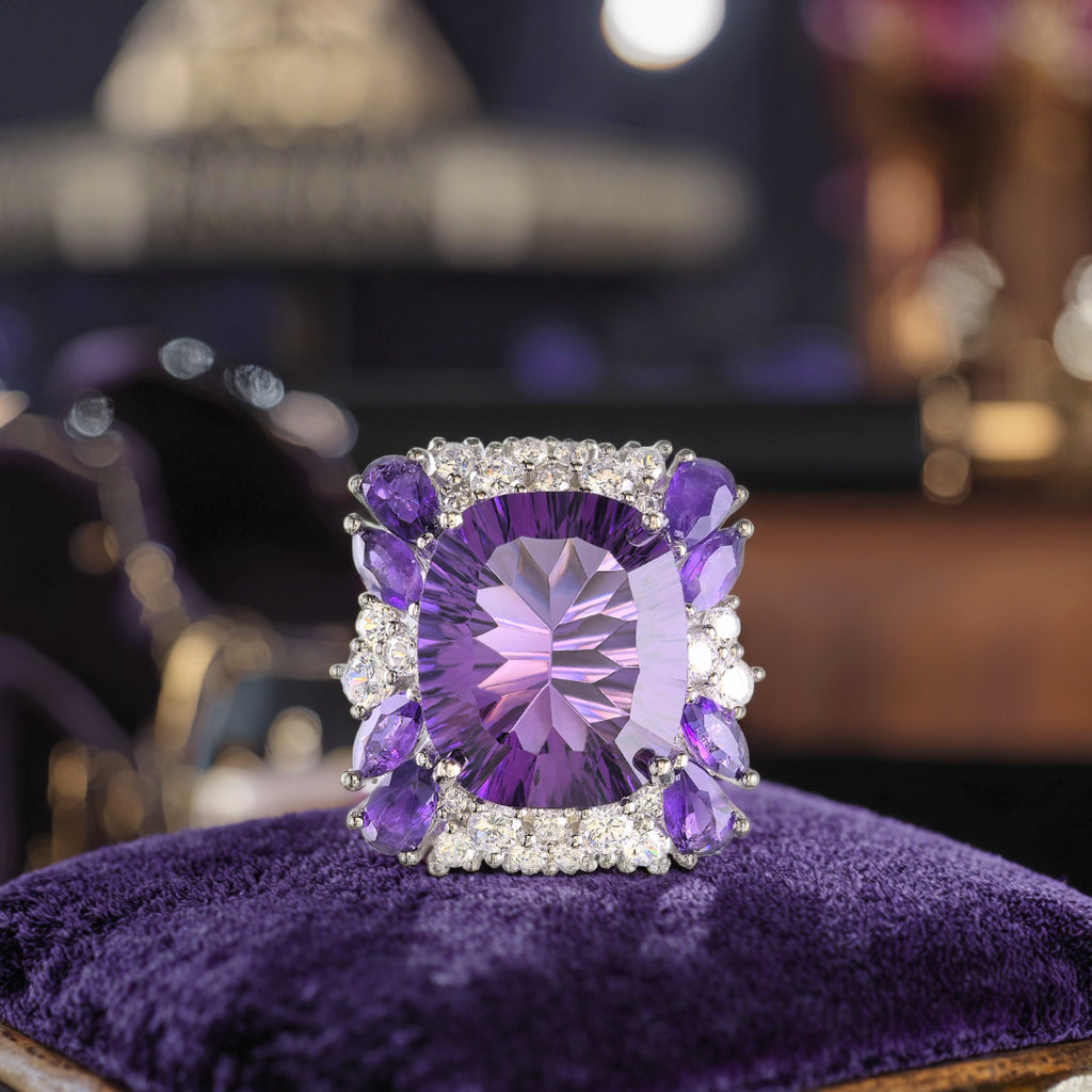 Exquisite Rhodium Plated 925 Sterling Silver Natural Amethyst Ring