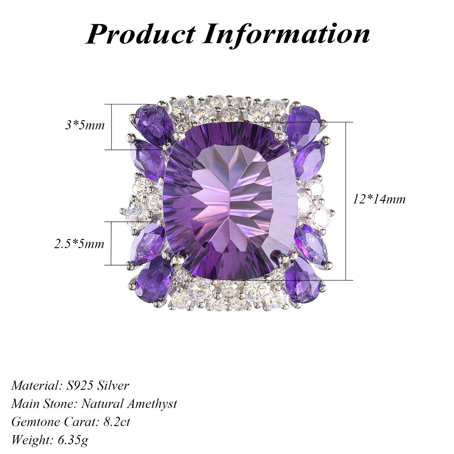 Exquisite Rhodium Plated 925 Sterling Silver Natural Amethyst Ring