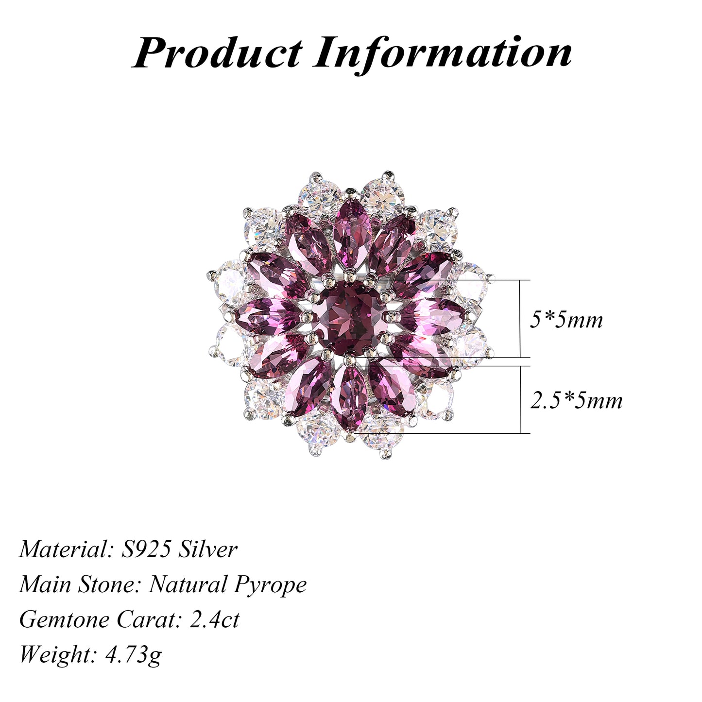 Romantic Rhodium Plated 925 Silver Jewelry Natural Pyrope Flower Ring