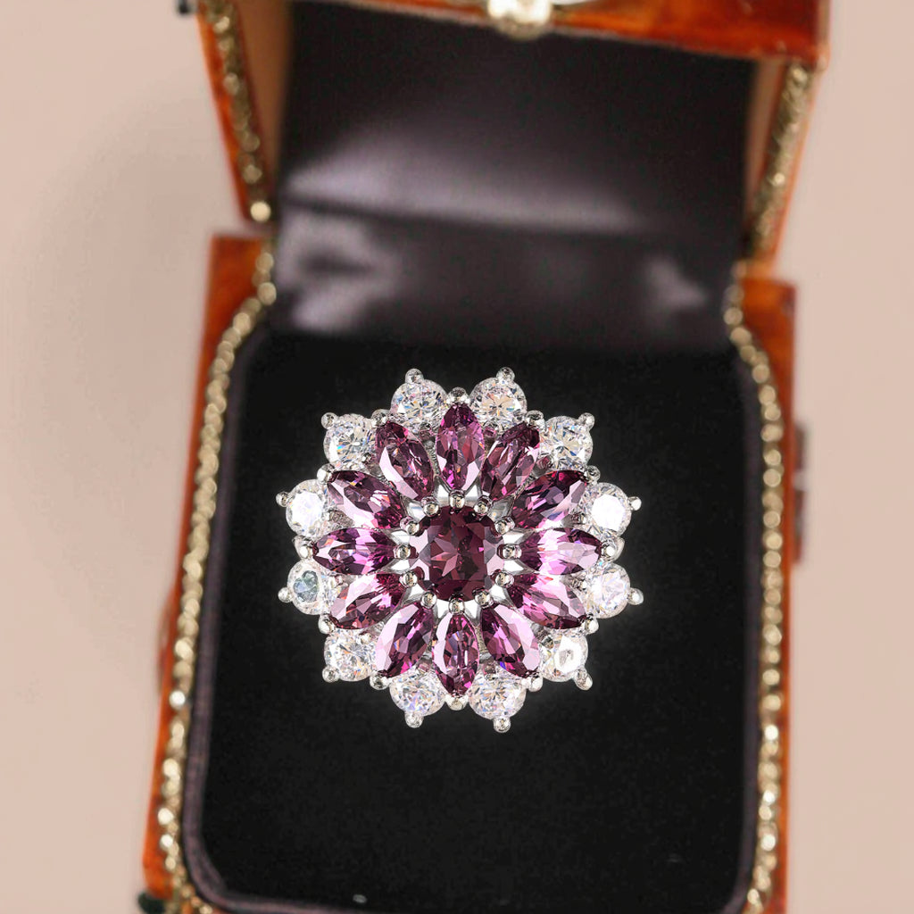Romantic Rhodium Plated 925 Silver Jewelry Natural Pyrope Flower Ring